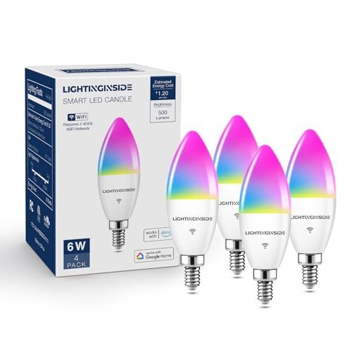 Lightinginside E12 Smart Light Bulbs 60W Equiv., Work with Alexa/Google Home/Smart Life, 500LM 6W RGBCW Candle Candelabra LED Light Bulbs, No Hub Required, 2.4G WiFi Bluetooth Bulb, ETL Listed, 4PCS